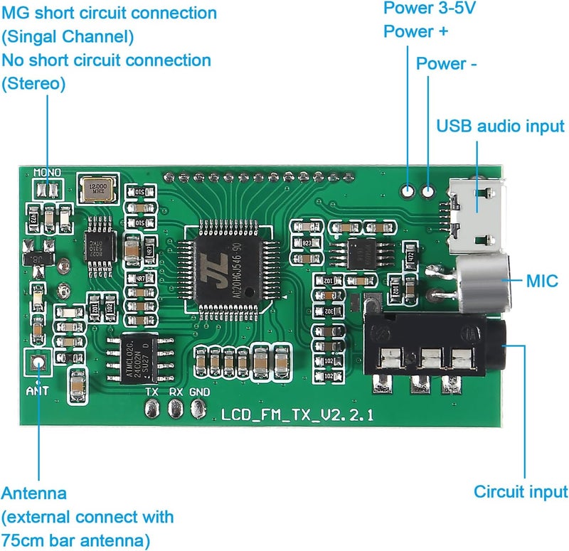 XIITIA 2pcs DC 3V-5V FM Transmitter Module Stereo FM Transmitter DSP PLL 87-108MHz Stereo Digital Wireless Microphone Board Multi-Function Frequency Modulation with LCD Display Line/USB/Mic Input - Image 4